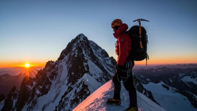 Mountain Climber at Sunrise: Summit Achievement in Alpine Landscape