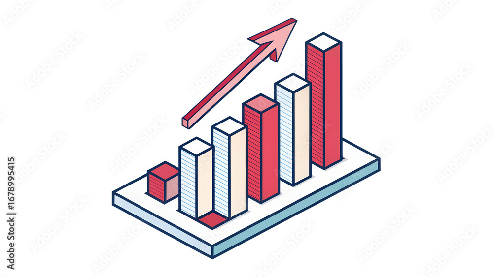 Poster a colorful isometric bar graph illustrates upward financial growth with a red arrow pointing up isol