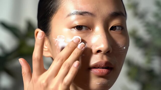 Close Up Portrait of Radiant Asian Woman Applying Creamy White Mask to Her Face in Natural Sunlight For Skincare and Beauty Product Demonstrations And Self Care Routines
