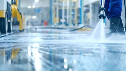 Professional industrial cleaner sanitizing factory floor with high pressure water jet, maintaining workplace safety and optimal cleanliness in manufacturing environment