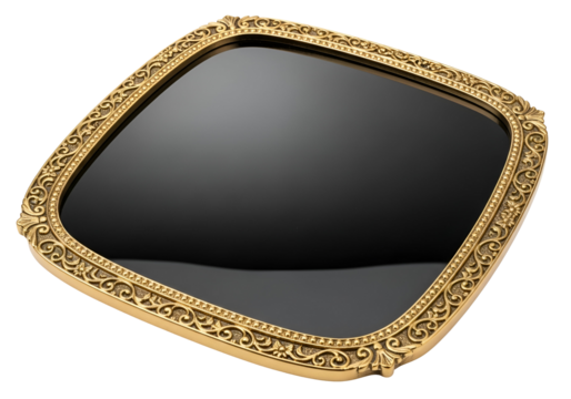 Ornate gold-framed rectangular mirror with decorative detailing, showcasing a polished dark reflection.