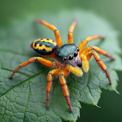 Colorful jumping spider on leaf