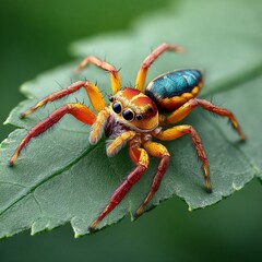 Colorful jumping spider on leaf