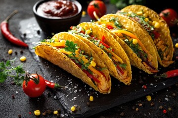 Five hardshell tacos filled with meat peppers corn  herbs A bowl of dip  chili peppers accent a dark slate surface