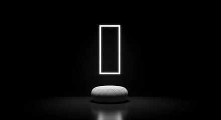 Minimalist neon exclamation mark symbol on a pedestal for emphasis and attention grabbing concepts