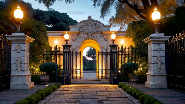 Ornate stone entrance gate with glowing lanterns and iron fence leading to illuminated garden pathway at night