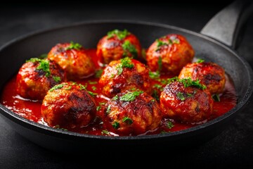 Delicious Meatballs with Tomato Sauce in Black Pan