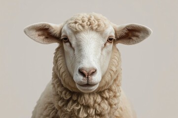 Obraz premium Studio Sheep Portrait, Calm Gaze, Beige Background, Farm Animal