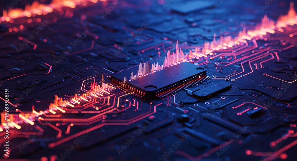 Aufkleber circuit board with microchip and glowing lines