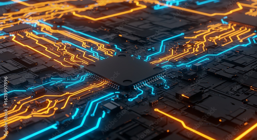 Aufkleber circuit board with processor and glowing lines