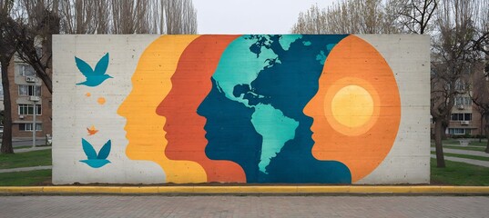 Global unity mural art on concrete wall with diverse faces and birds for community and peace concept .mockup 