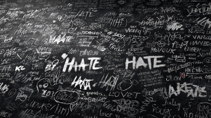 Chalkboard covered in hate words, intimidation, background 