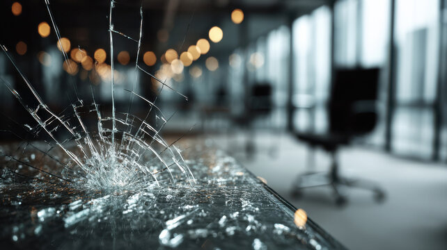Cracked glass over office desk, hostile environment, background with copy space on left side --ar 16:9 --v 7 Job ID: 446f8046-ed84-4940-86cf-355fc78e1092