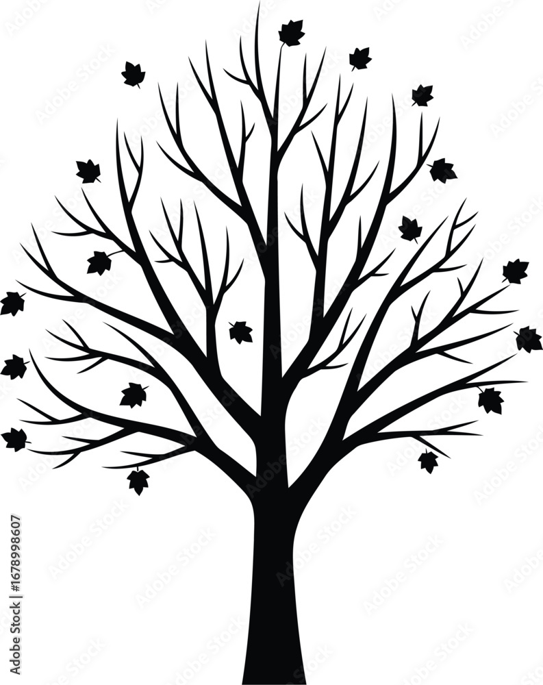 Poster Silhouette of a bare tree with sparse leaves, representing autumn or fall.