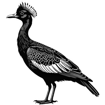 Black Silhouette of a Southern Screamer Bird, Vector Illustration, Standing Profile, Detailed Outline, Feathered Body, Long Neck, Wildlife Art