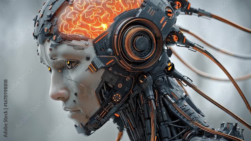 Poster a close-up reveals a humanoid robot with advanced neurochips and digital technology integrated into 
