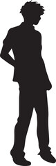 This image is a black silhouette of a person, possibly a young male, standing with their hands in their pockets and their head slightly tilted back.