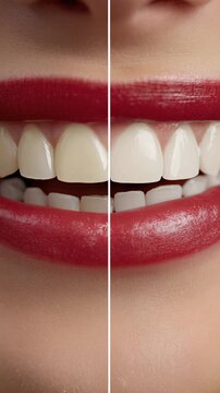 Smiling female face closeup split in two parts showing before and after teeth whitening comparison. Oral hygiene and dental treatment procedure