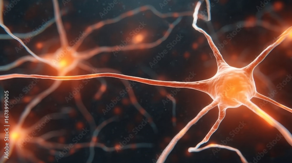 Poster close-up view of human neurons with glowing synapses and interconnected nerve cells in a dark backgr