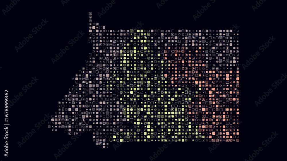 Poster equatorial guinea map animation. shape of the country with pulsating colored dots. small size rounde