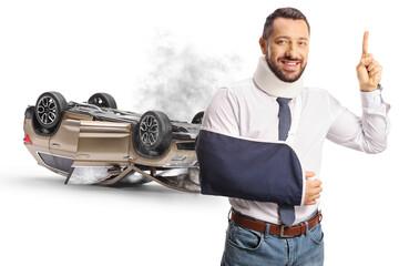 Passenger injured in a car accident with a cervical collar and arm sling pointing up
