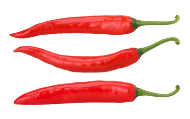three fresh red chilies isolated, transparent PNG, PNG format, Close-up photo of fresh red chili peppers, cut out