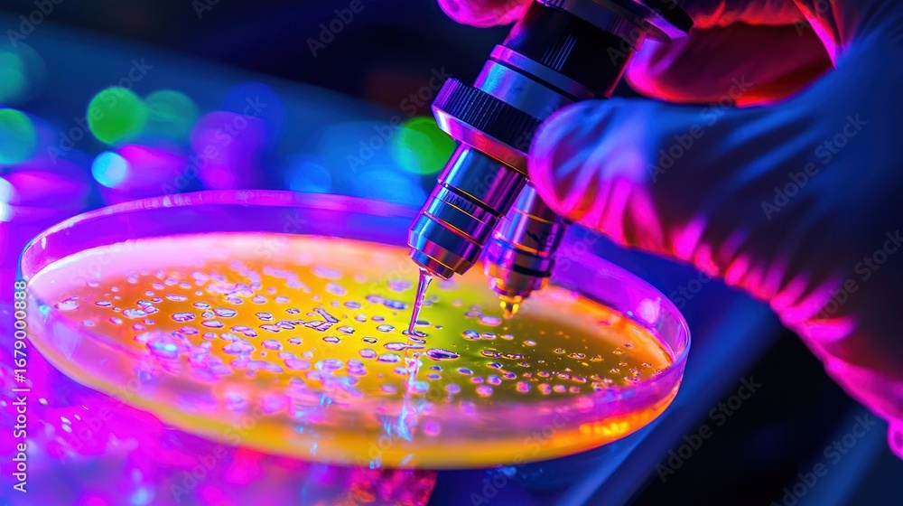 Poster gloved hands using a pipette to inoculate a petri dish with agar.