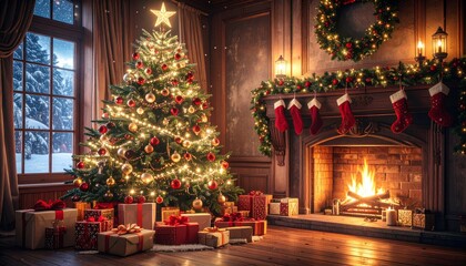 Imagen hiperrealista y espectacular de una escena navide&ntilde;a m&aacute;gica. Un gran &aacute;rbol de Navidad decorado con luces doradas, esferas rojas y plateadas, cintas brillantes y una estrella luminosa en la cima.