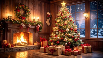 Imagen hiperrealista y espectacular de una escena navideña mágica. Un gran árbol de Navidad decorado con luces doradas, esferas rojas y plateadas, cintas brillantes y una estrella luminosa en la cima.