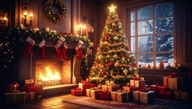 Imagen hiperrealista y espectacular de una escena navideña mágica. Un gran árbol de Navidad decorado con luces doradas, esferas rojas y plateadas, cintas brillantes y una estrella luminosa en la cima.