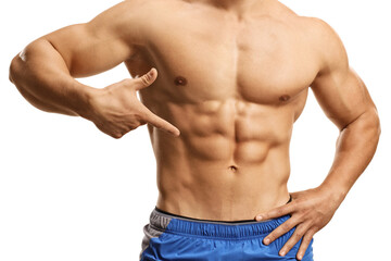 Bodybuilder pointing at his abs