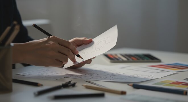 Person sketching design on paper with pencils