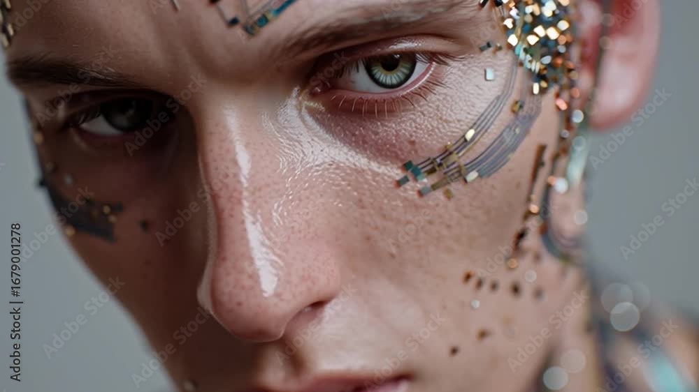 Poster a close-up view of a person's face featuring embedded neurochips and intricate circuitry.
