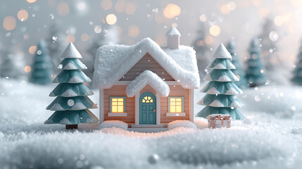 Fototapeta premium A 3D illustration of a cozy winter house with snow-covered roof, warm windows, and teal front door, surrounded by pine trees and soft snowy landscape.