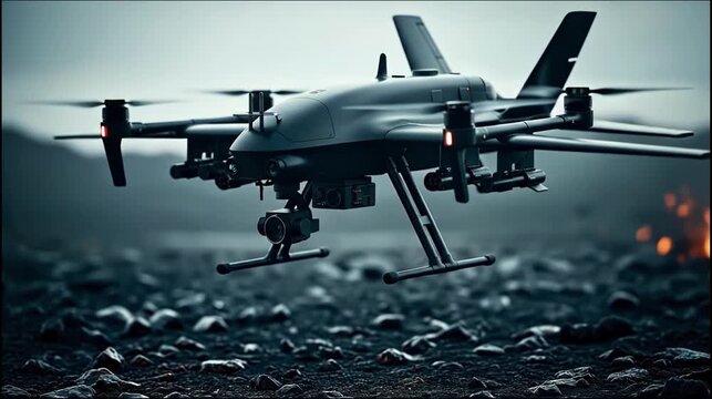 Futuristic combat drone with weapons taking off in a war zone