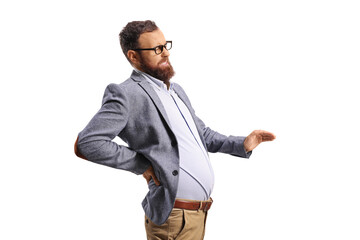 Fototapeta premium Profile shot of a bearded man with a backpain