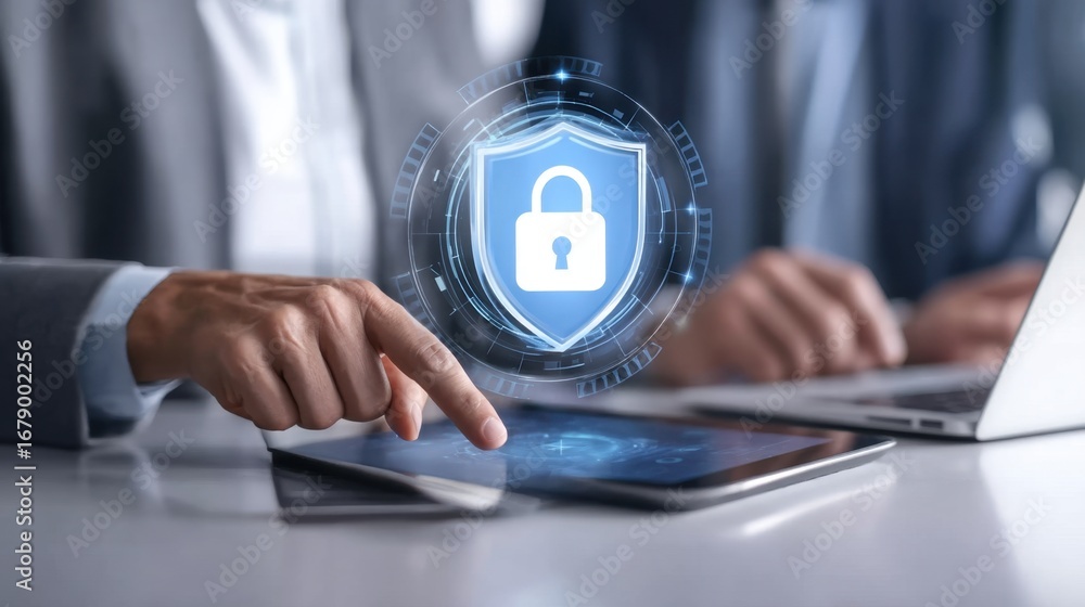 Poster businessman using tablet with digital security symbol to highlight data privacy and cybersecurity in