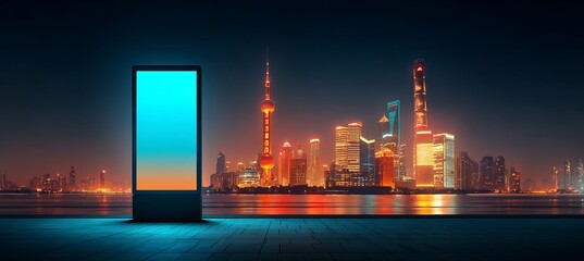 Illuminated advertising display against a vibrant cityscape at night with bright colorful lights .mockup 