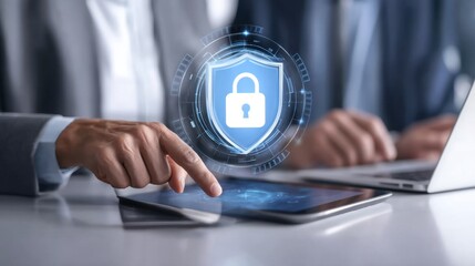 Businessman Using Tablet with Digital Security Symbol to Highlight Data Privacy and Cybersecurity in Modern Technology Environment