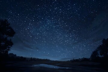Fototapeta premium Starry night sky, stars twinkle, dark landscape, trees, nighttime.