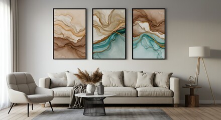 Elegant living room showcasing abstract fluid art, modern furniture, and warm lighting creating a serene atmosphere