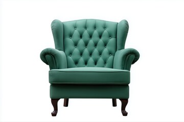 Elegant green armchair with button-tufted upholstery on white background