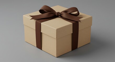 Beige gift box with a dark brown ribbon bow, presented on a neutral background.