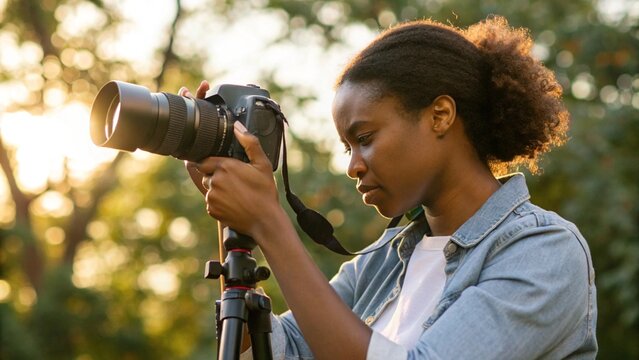 Close Up of Black Woman Adjusting Camera on Tripod with Long Lens Outdoors for Photography