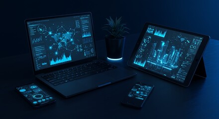 Dynamic Digital Interfaces Showcasing Data, Connectivity, and Business Intelligence