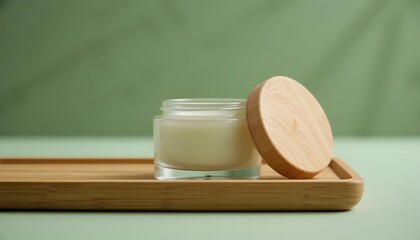 Organic Cosmetic Jar on Bamboo Tray with Soft Green Background