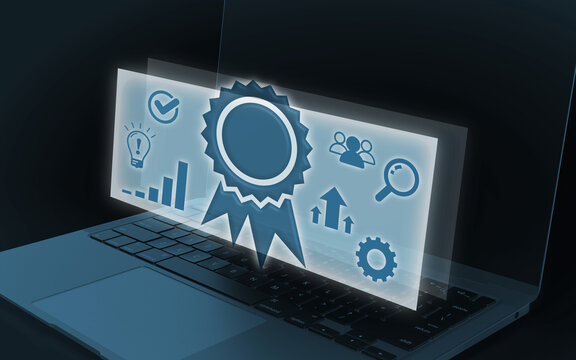 Digital certificate on a laptop screen, representing compliance with ISO standards and successful completion of digital processes. A graphic symbolizing data security and quality management.