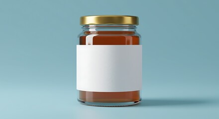 Minimalist transparent glass jar with golden lid and customizable blank label for product packaging and branding concepts