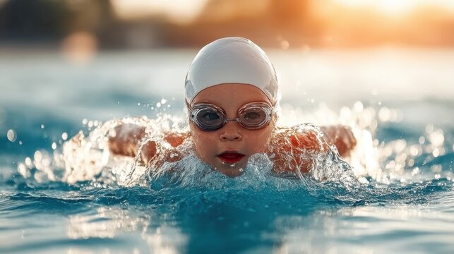 Young Swimmer Practicing Freestyle Stroke in Outdoor Swimming Pool at Sunset with Water Splashes