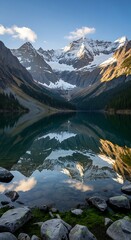 Obraz premium Majestic Mountain Lake Reflecting Snowy Peaks in Banff National Park.
